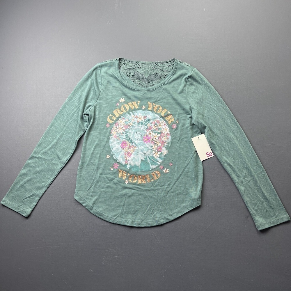 SO Girls 10/12 Green Grow Your World Graphic Long Sleeve Lace Back Shirt NWT Top